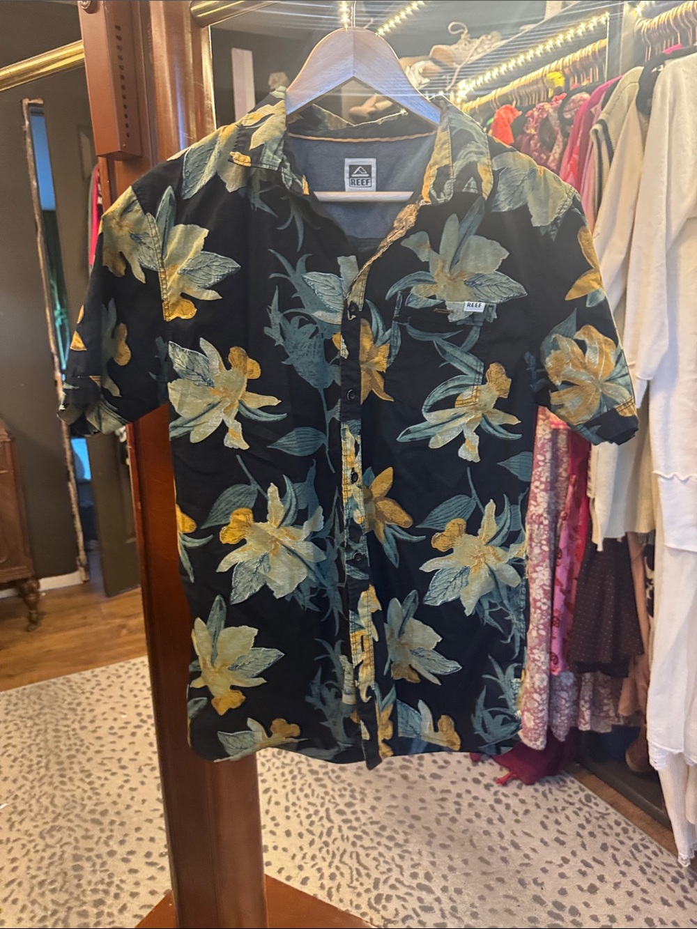 Reef Black Short Sleeve Floral Button-Up Shirt with Yellow and Green Print